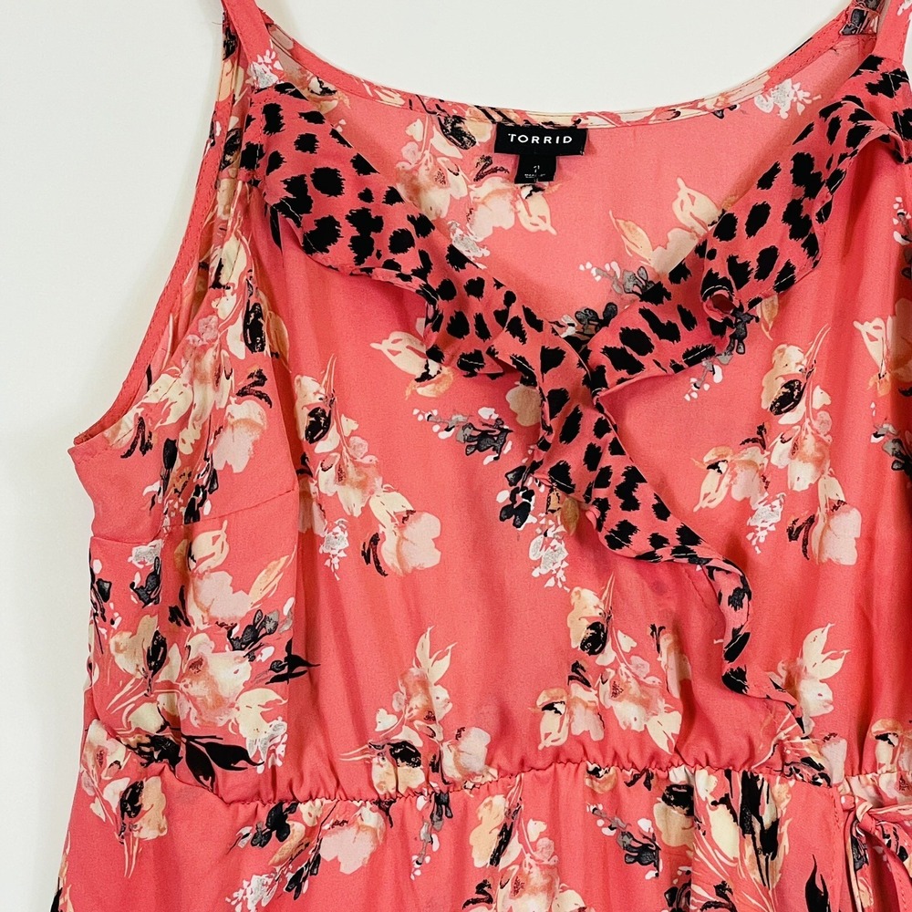 Torrid Womens 1 1X Blouse Top‎ Pink Floral Sleeveless Chiffon Wrap Bold Bright - Picture 2 of 7